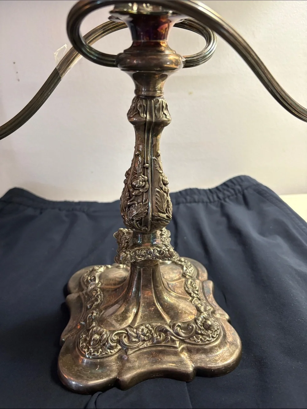 Ornate Silver Finish Three-Arm Candelabra